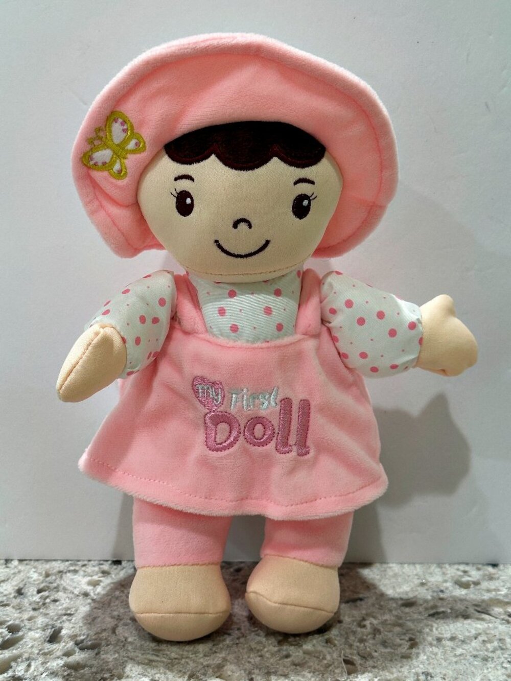 Linzy My First Doll Plush Pink Stuffed Baby Toy Embroidered Butterfly Brown Hair